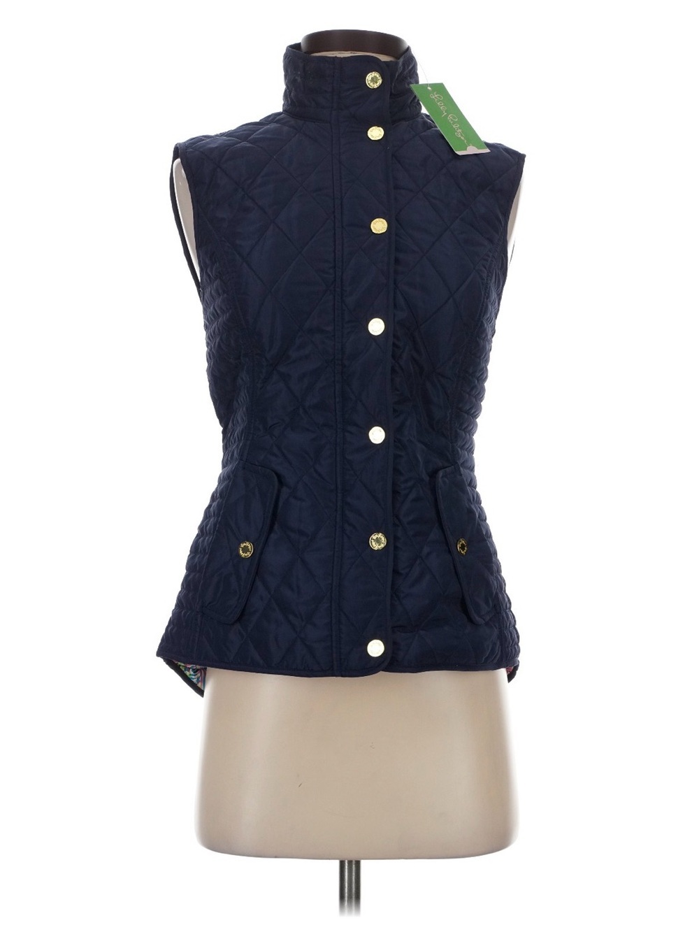 Lilly Pulitzer Navy Quilted Sleeveless Vest with Gold Buttons